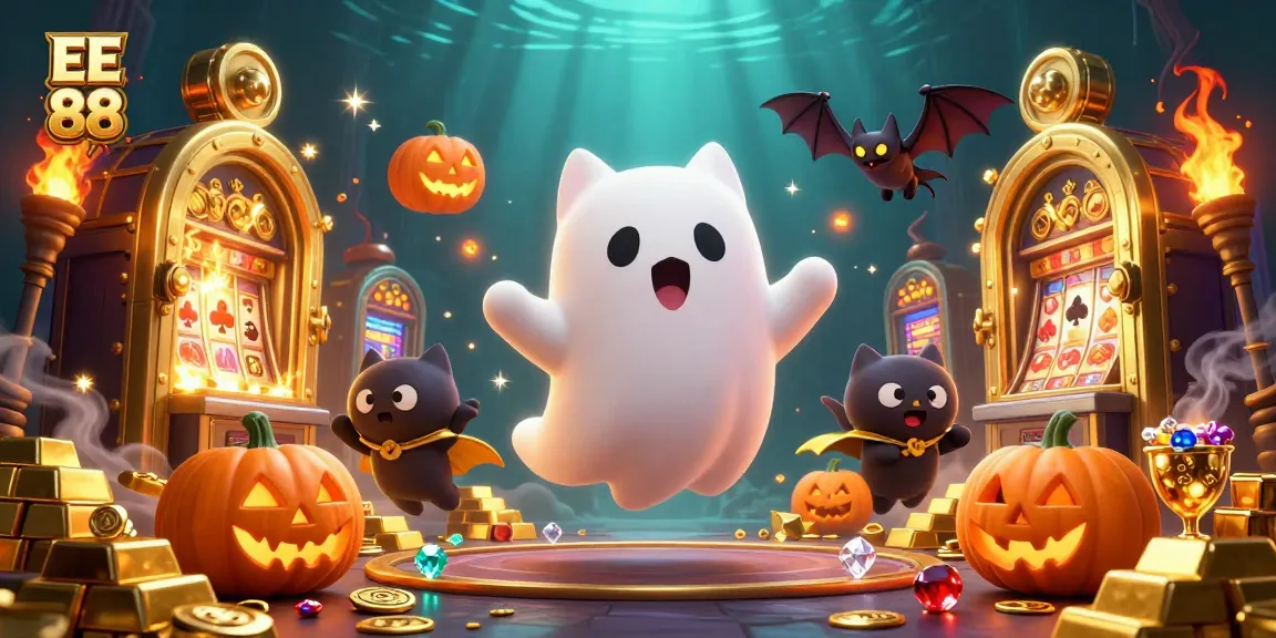 Experience thrilling gaming with the 3D cartoon ghost cat in EE 88 casino illustration, featuring vibrant slot machines and treasure elements.