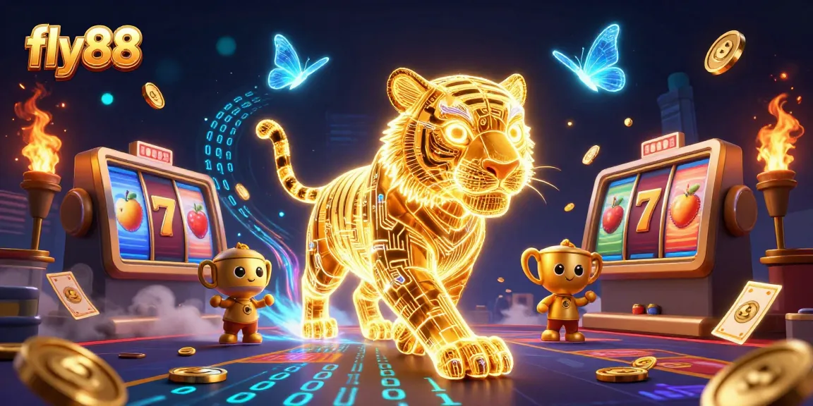 Experience thrilling fun at fly88 with a neon golden tiger in a vibrant casino scene.