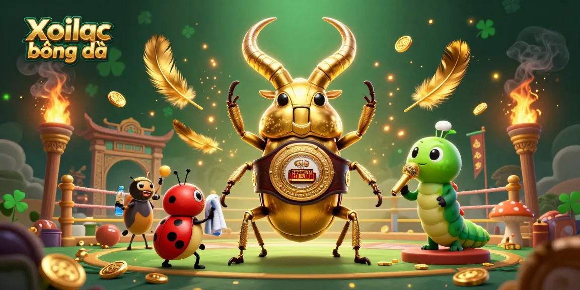 Xoilac bóng đá showcases an exciting sports betting scene with a giant beetle, ladybug corner-man, and a caterpillar announcer.