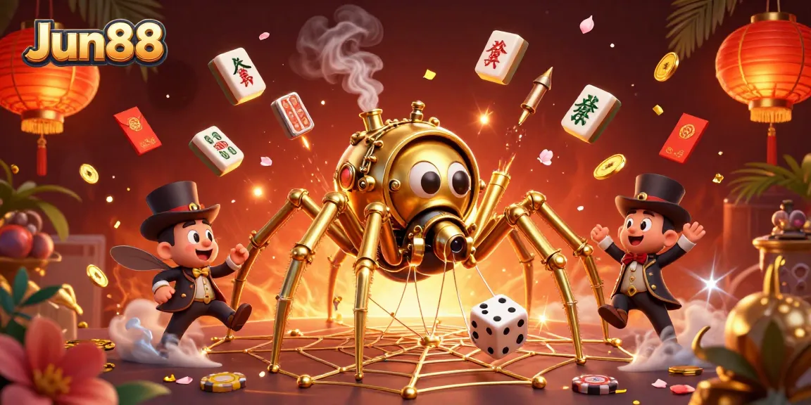 Experience thrilling gameplay at Jun88 with a golden spider capturing lucky dice in a vibrant casino world.