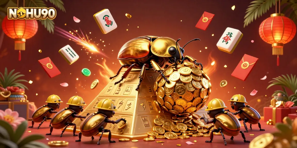 Engage with NOHU90’s dazzling casino experience featuring golden dung beetles and vibrant festive elements.