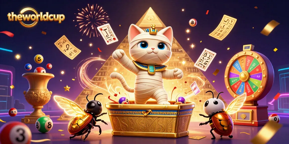 Engage with theworldcup through vibrant casino action with an Egyptian mummy cat and lottery elements.