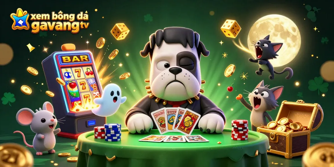 Xem bóng đá gavangtv, Frankenstein bulldog dealer with ghost mouse and werewolf kitten in lively casino scene