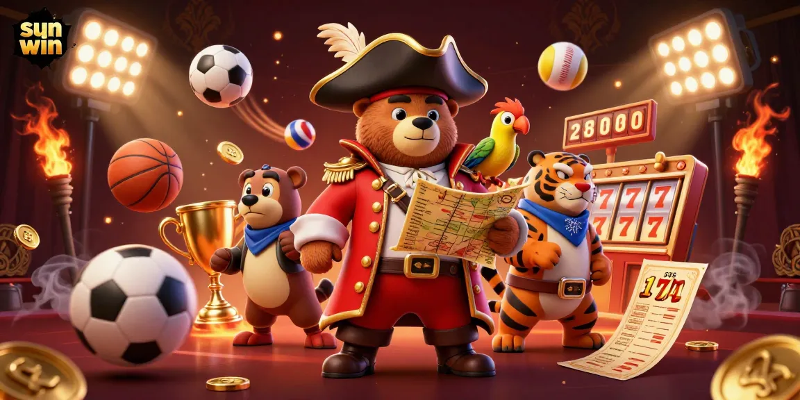 Experience thrilling wins at sun win with a pirate bear and tiger amidst dynamic sports elements in this lively 3D scene.
