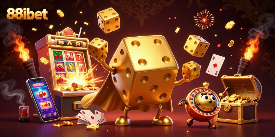 88ibet casino experience with golden dice golem and jackpot explosion in vibrant illustration.