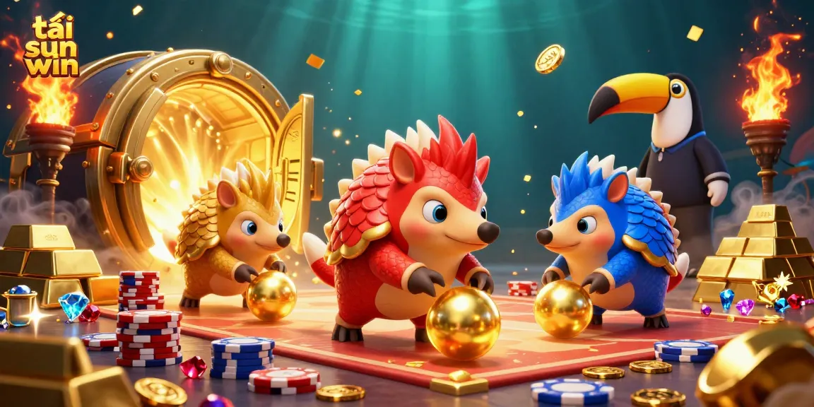 Spin to win with tải sun win, featuring animated pangolins and poker chips in a vibrant casino setting.