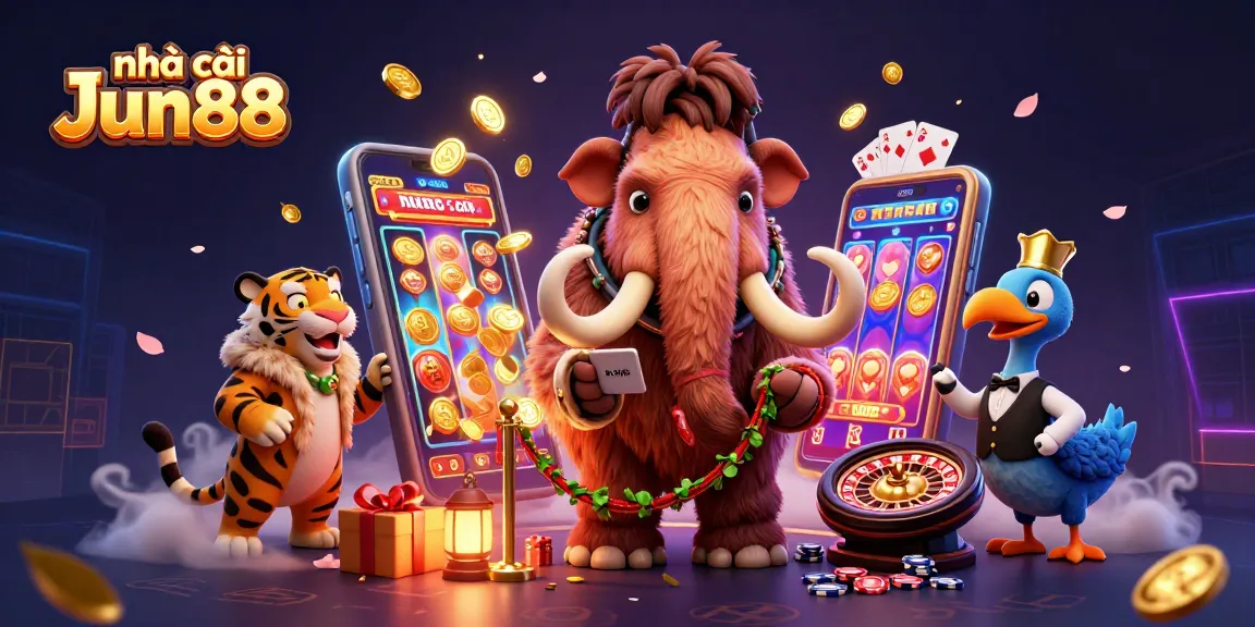 Join the excitement at nhà cái Jun88 with an illustrated scene of vibrant casino characters and games.