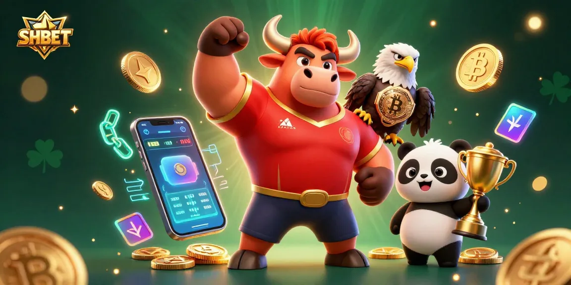 Engage with SHBET's vibrant gaming world featuring a bull, eagle, and panda triumphing with winning elements.